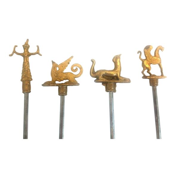 Vintage Antique Heavy Duty Brass Skewers Minoan Mythological Creatures Set of 4 - Picture 3 of 9